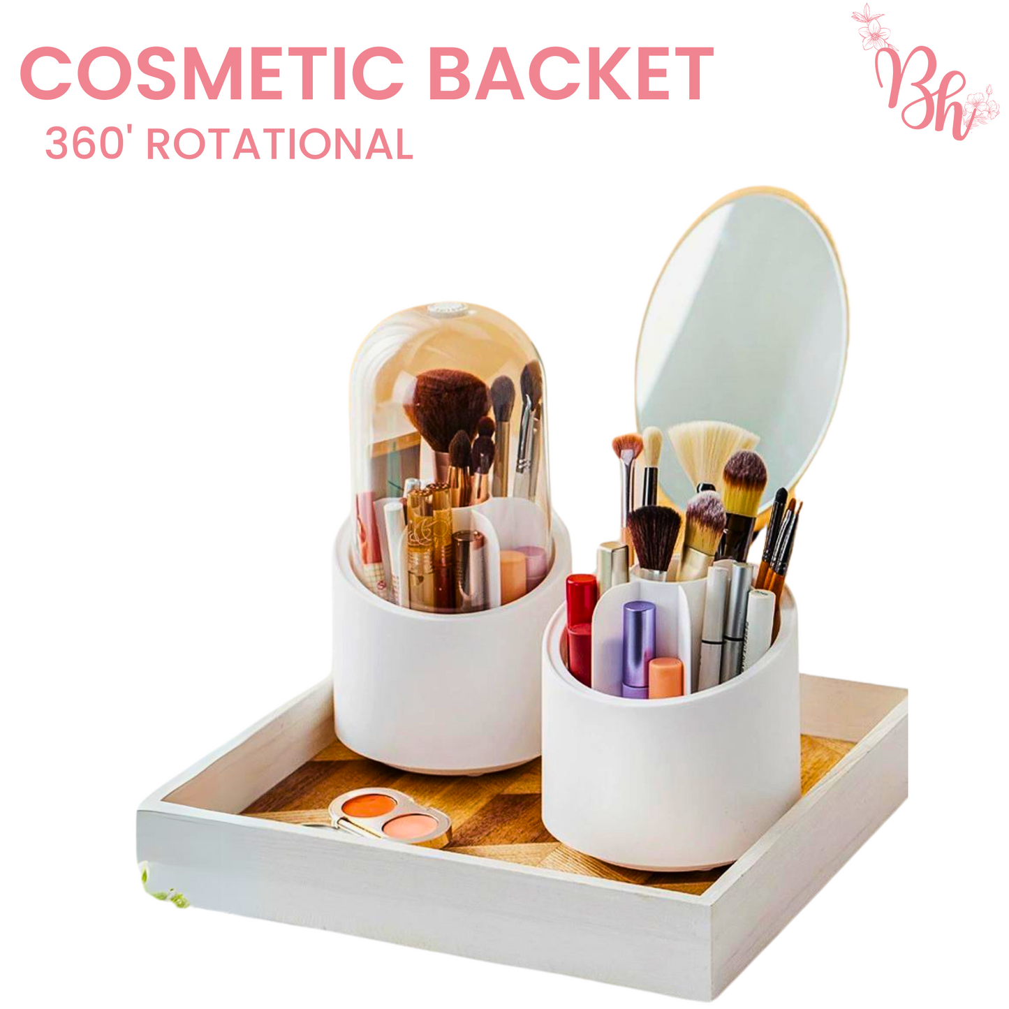 360° Rotating Makeup Brush Holder with Clear Cover | Dust-Free, Large-Capacity Organizer with 7 Slots | Portable Vanity Storage for Desk or Bathroom