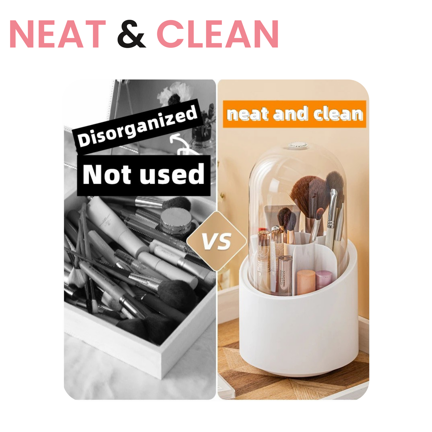 360° Rotating Makeup Brush Holder with Clear Cover | Dust-Free, Large-Capacity Organizer with 7 Slots | Portable Vanity Storage for Desk or Bathroom